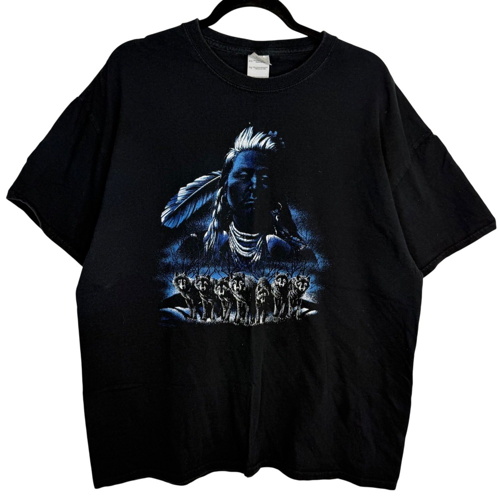 Vintage Native American‎ Wolves Graphic Print T Shirt Black Cotton